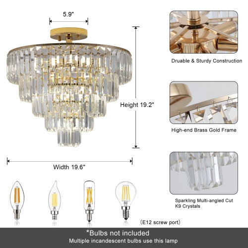 Golden Crystal Chandelier, 5-layer Round Semi-recessed Chandelier Lamp Inkedjoy