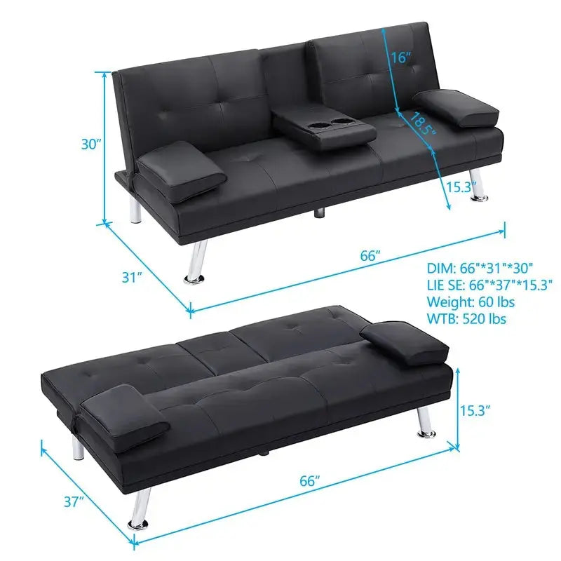 2-seat Sofa With Cup Holder, Folding Sofa Bed- Black My Store