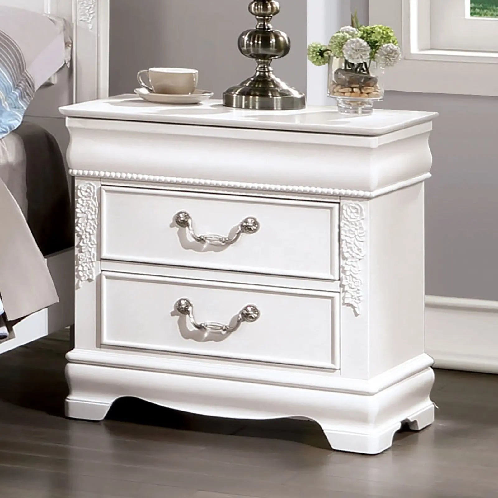 Classic White Color 1pc Nightstand Bedroom Furniture Solid Wood Nickel Hanging Pulls 2-Drawers Bedside Table My Store