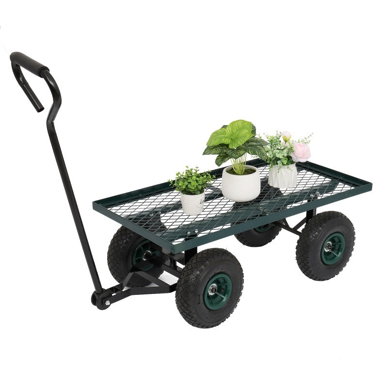 Iron Wood Green Garden Cart With Four Wheels Inkedjoy