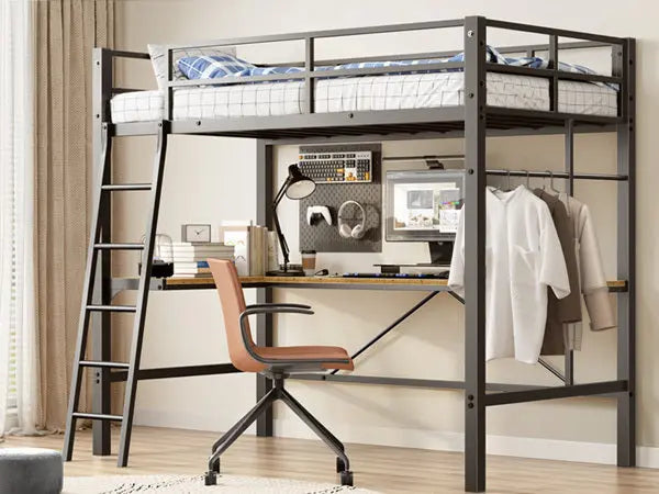 Twin Metal Loft Bed With L-Shaped Desk, Charging Station- Black My Store