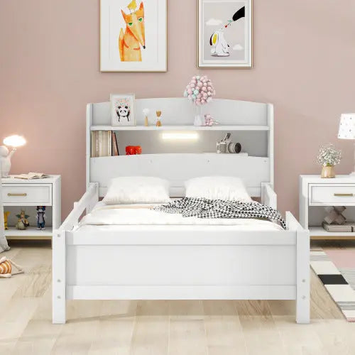Wood Twin Size Platform Bed With Built-in LED Light, Storage Headboard And Guardrail, White My Store