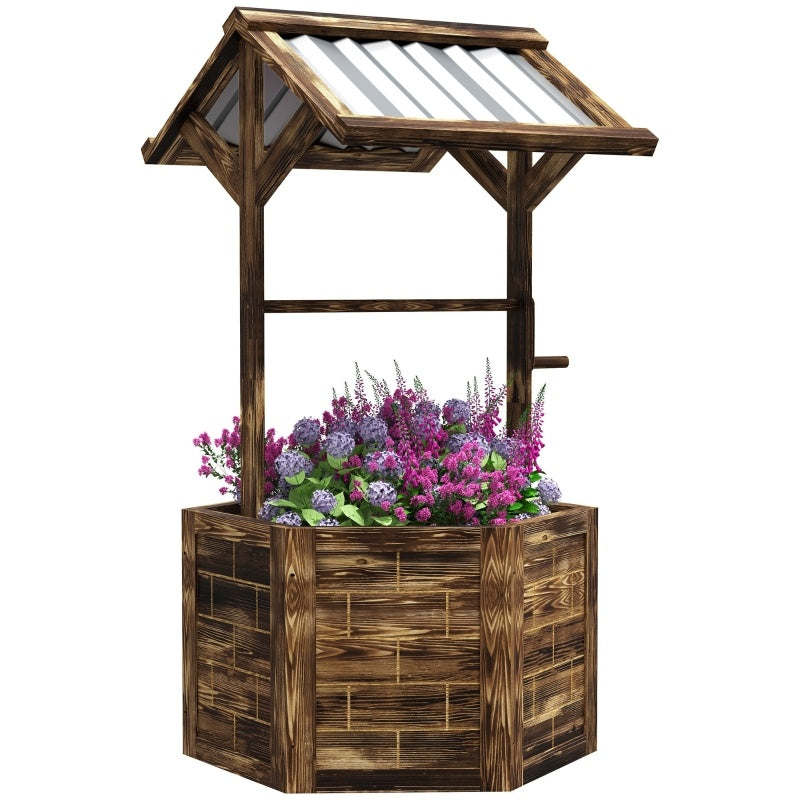 Wooden Wishing Well Planter, Raised Garden Bed With Galvanized Canopy-Tan Inkedjoy