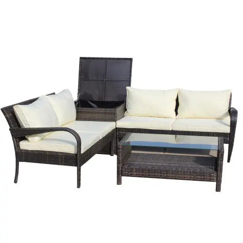 4 Piece Patio Sectional Wicker Rattan Outdoor Furniture Sofa Set With Storage Box Brown My Store