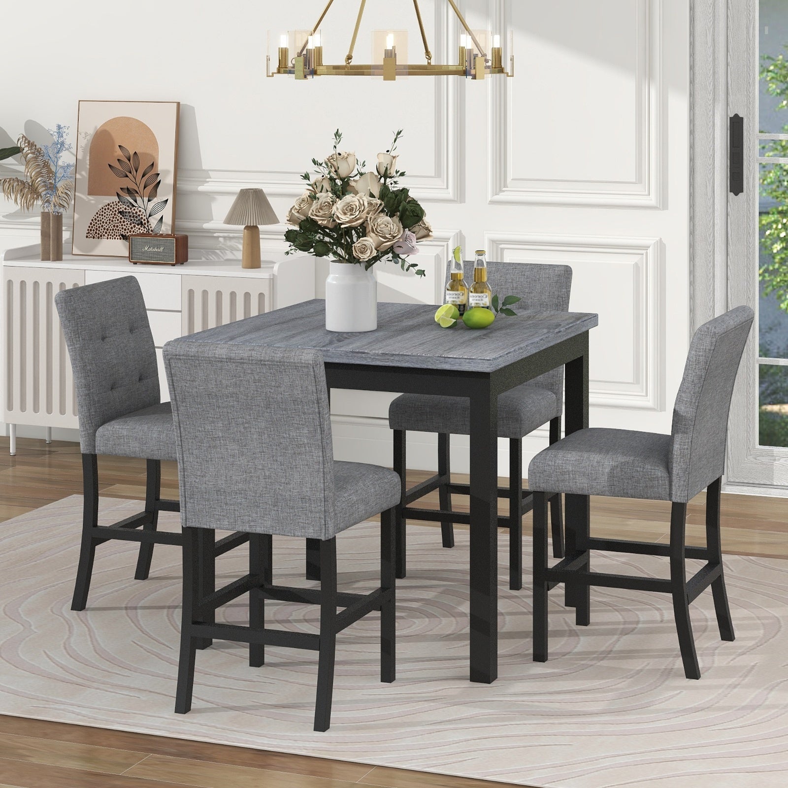5-Piece Counter Height Dining Set, Wood Table  Chairs Stools W Footrest Inkedjoy