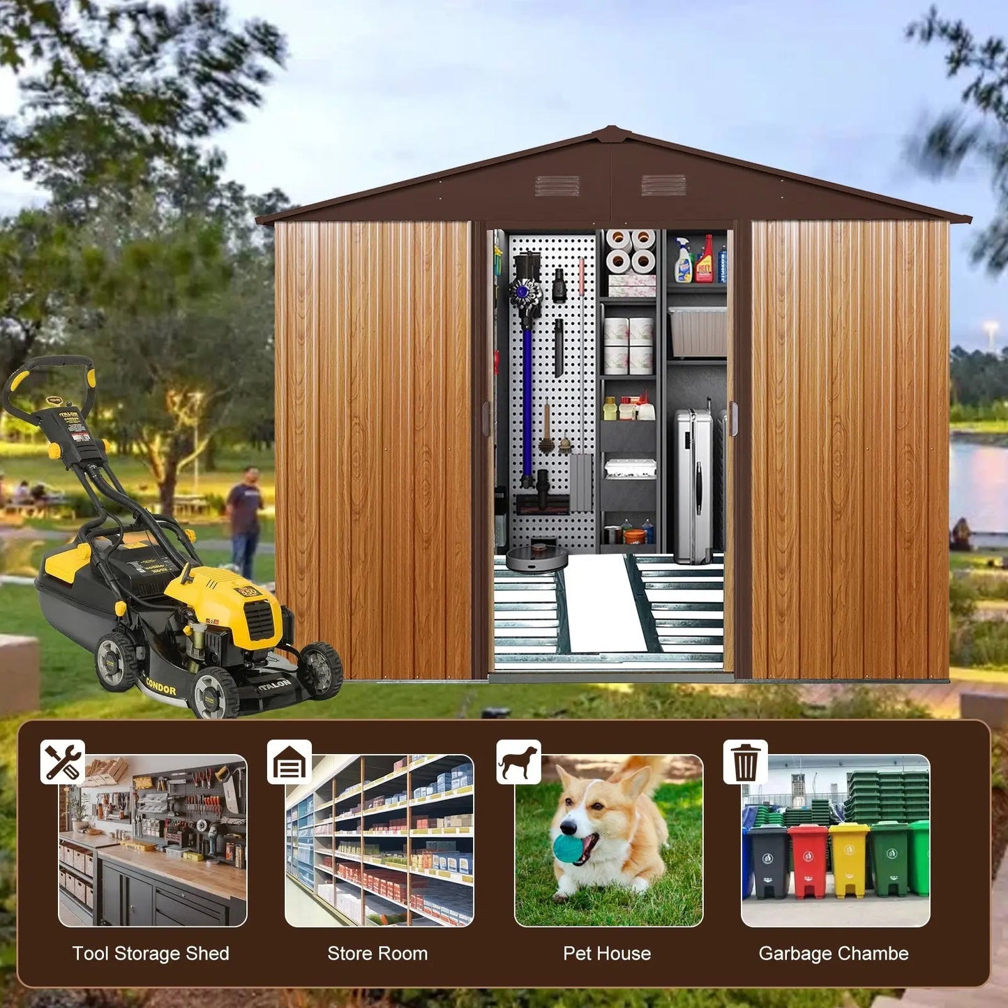 10ft X 8ft Outdoor Metal Storage Shed With Metal Floor Base,Coffee My Store