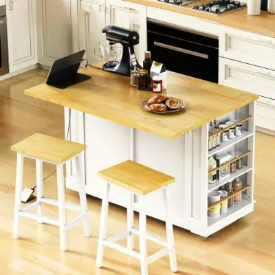Large Kitchen Island With 2 Bar Stools, Power Outlet, Door Internal Storage Rack My Store