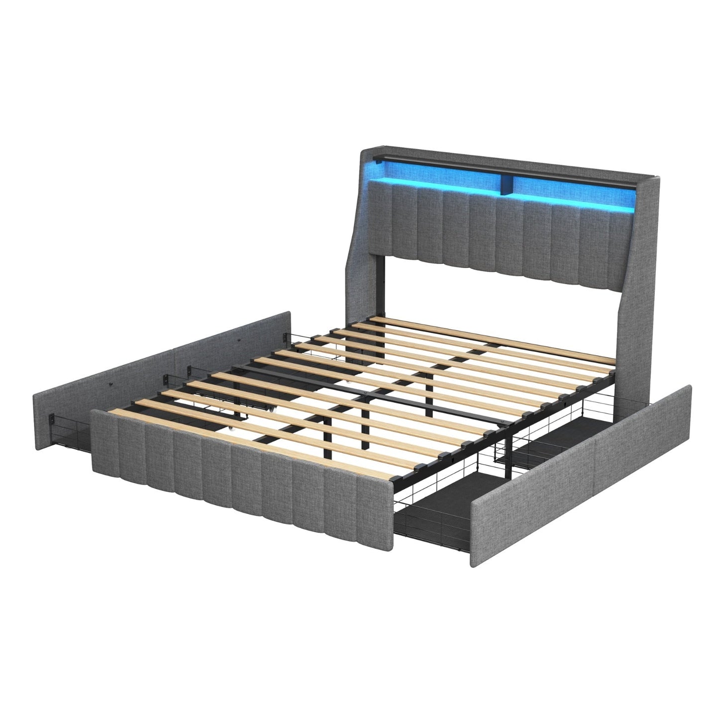 Queen Size Bed Frame With LED, Storage Drawers, Wings Headboard My Store