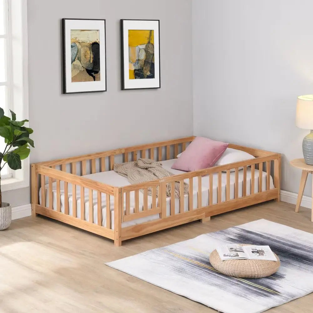 Twin Size Floor Bed With Door,Solid Wood Platform Bed Frame With Fence,Suitable For Children,Pine Wood, My Store