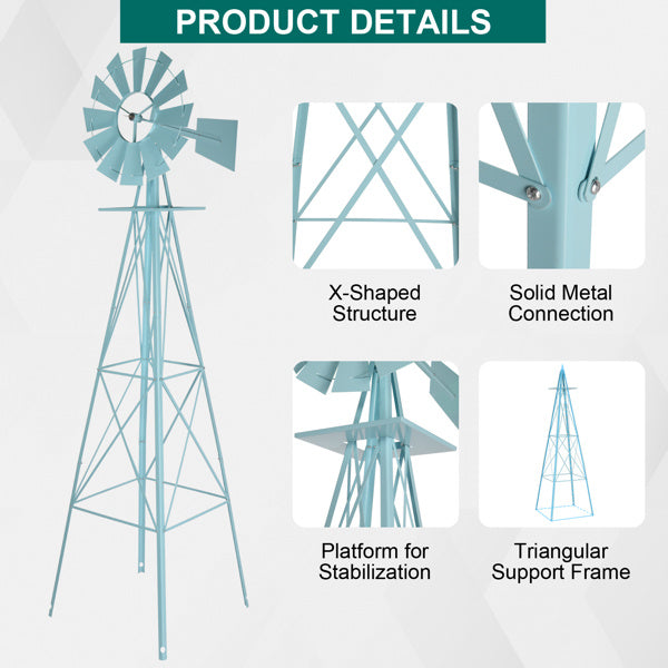 8ft Light Blue Ribbon Wind Vane, 4-pod Standing Iron Windmill Inkedjoy