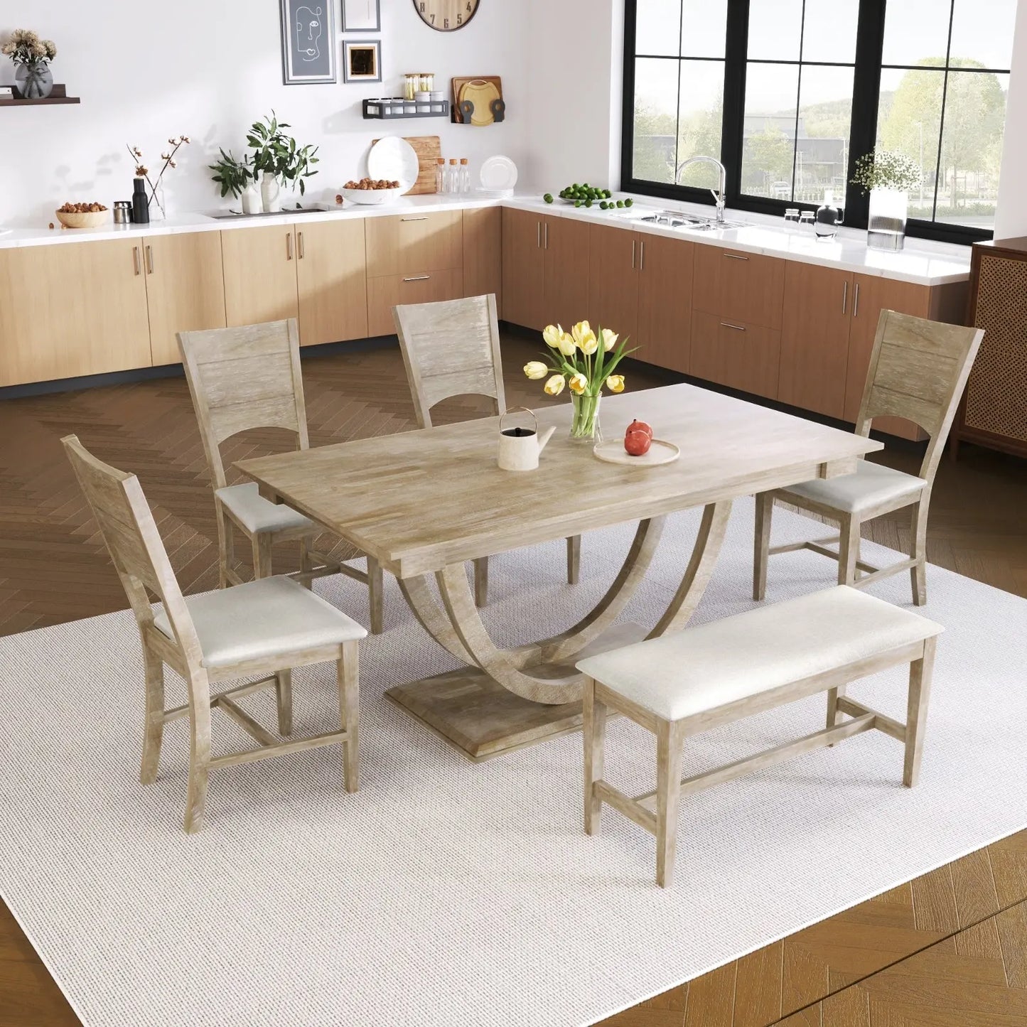 TOPMAX 6-Piece Wood Half Round Dining Table Set With Long Bench & 4 Chairs My Store