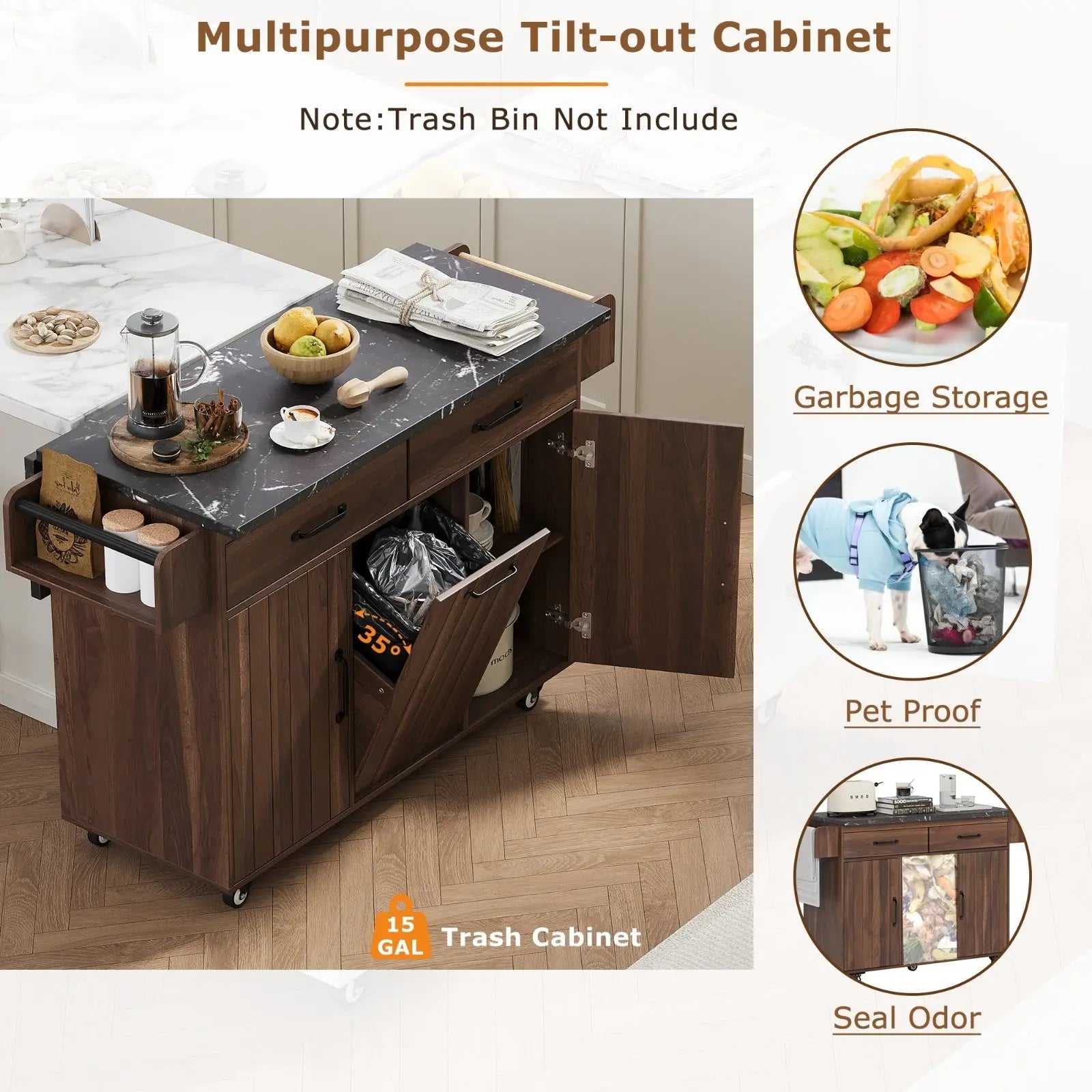 K&K Kitchen Island With Trash Can Storage Cabinet, Kitchen Cart With Drop Leaf, Spice Rack, Towel Ra My Store