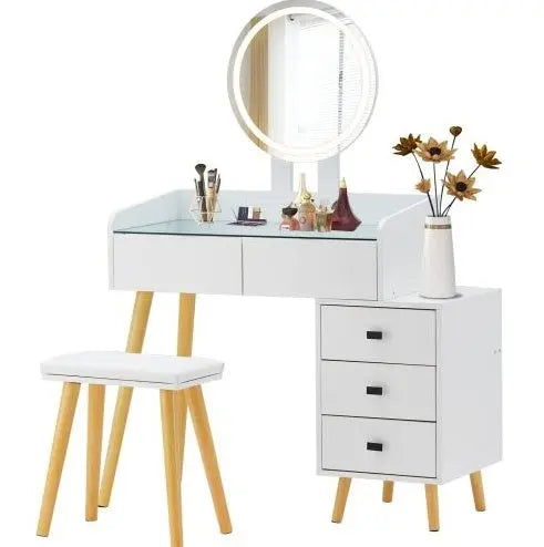 Dressing Table With LED Lights Glass Top 5 Drawers My Store