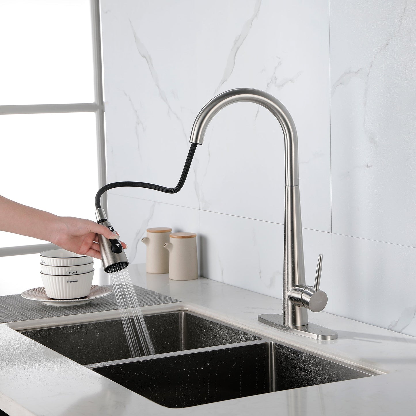 High Curvature Single Handle Kitchen Sink Faucet With Deck Modern- Stainless Steel Ohberri