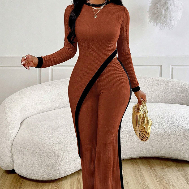 Women's 2 Piece Outfit Sexy Asymmetrical Hem Long Sleeve Top And Wide Leg Pants Sets Elegant Vacation Going Out Suit Inkedjoy