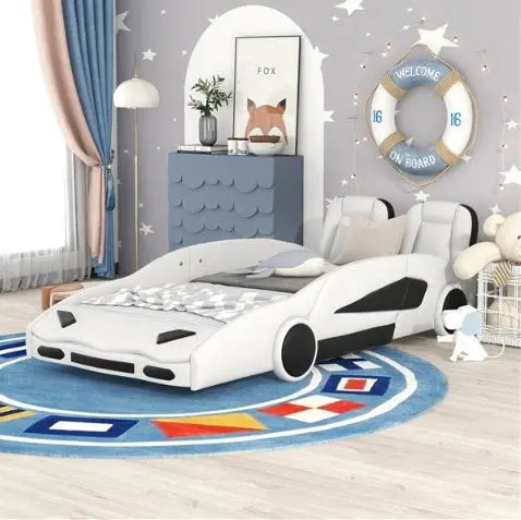 Double Race Platform Bed With Wheels, White My Store
