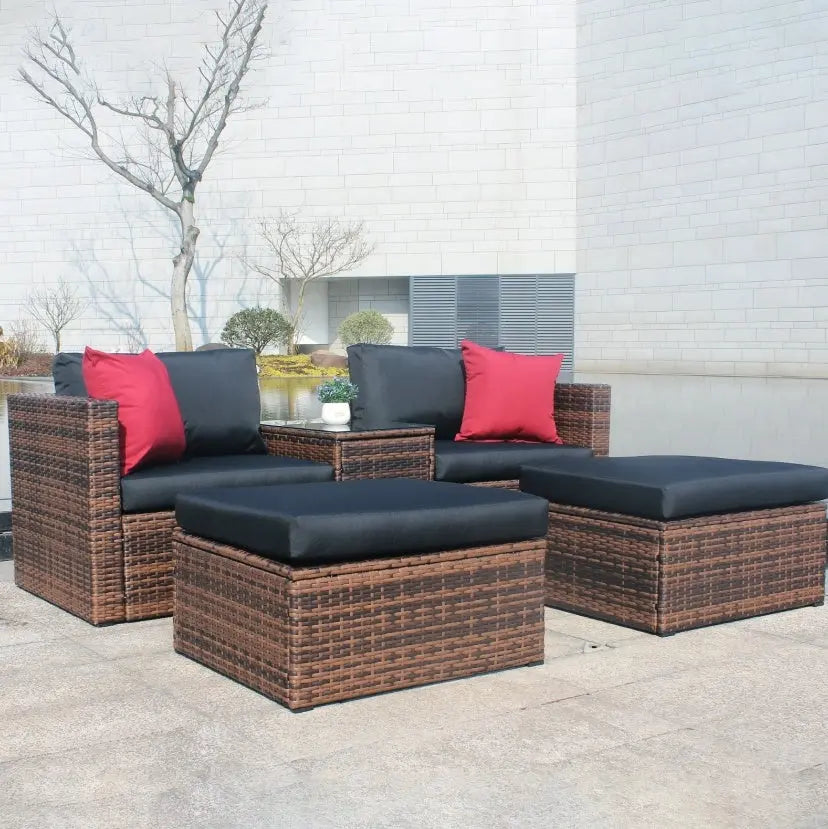 5 Pieces Outdoor Patio Garden Brown Wicker Sectional Conversation Sofa Set With Black My Store