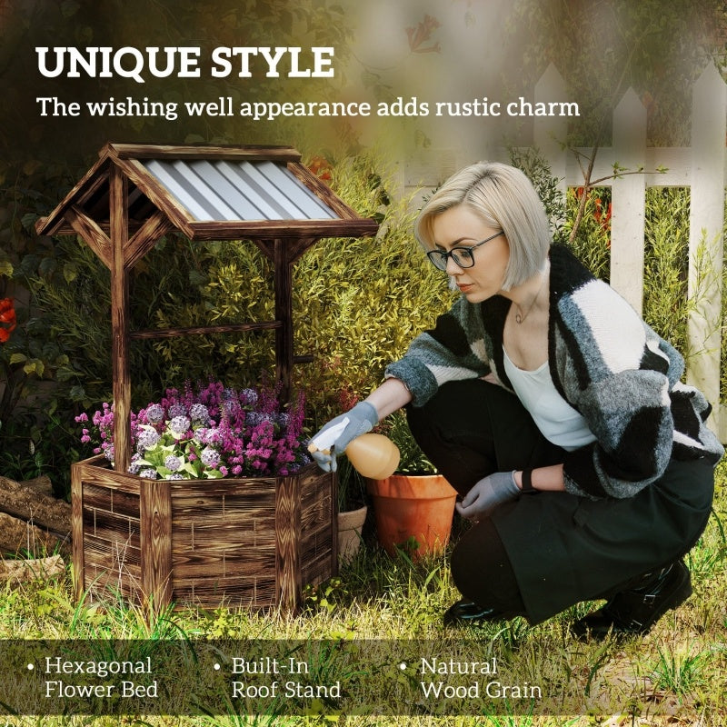 Wooden Wishing Well Planter, Raised Garden Bed With Galvanized Canopy-Tan Inkedjoy