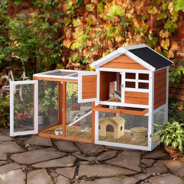 House Type With Running Ladder, Orange-red, Wooden Chicken Rabbit Cage My Store