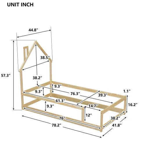 Twin Size Wood Bed With House-shaped Headboard Floor Bed With Fences,Natural My Store