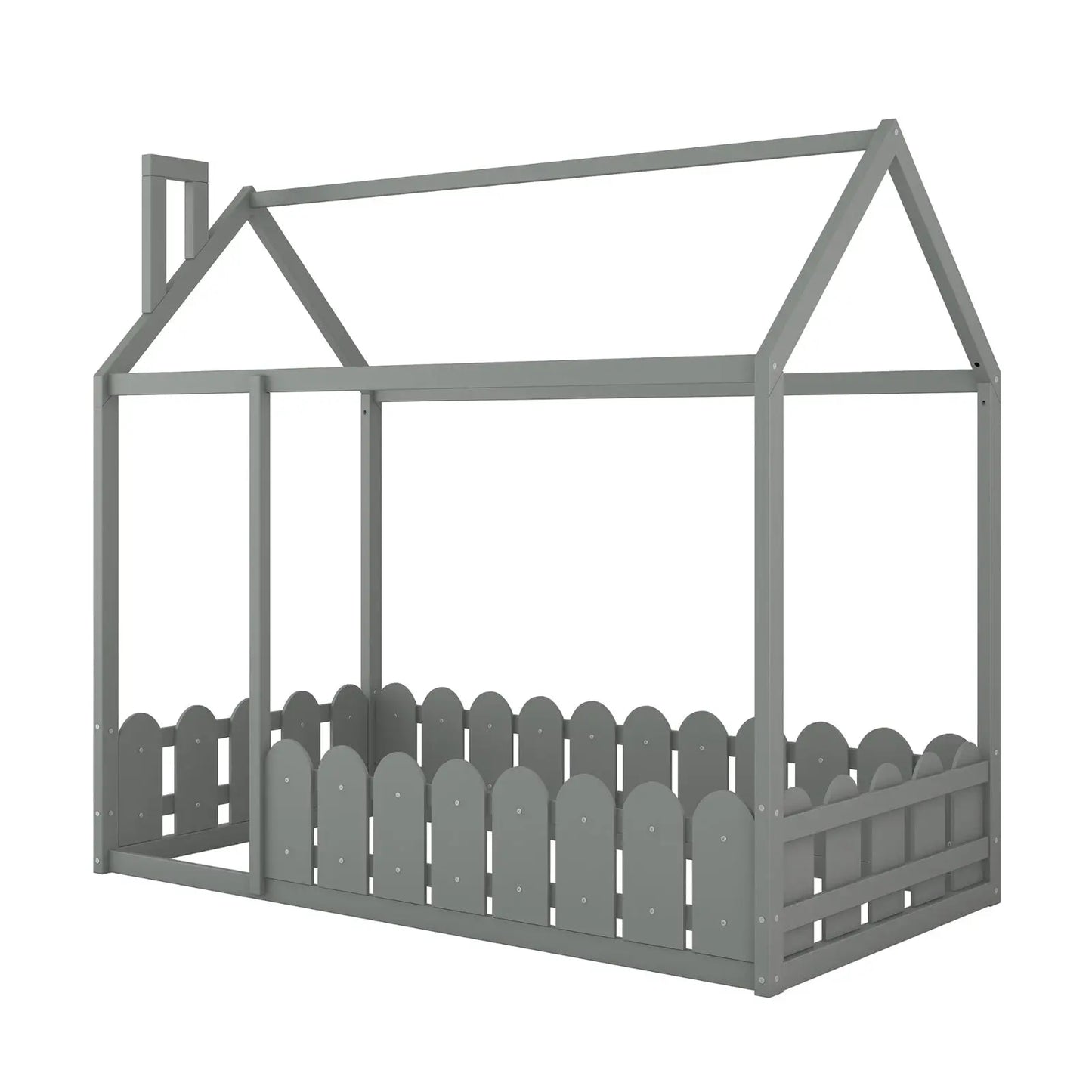 Twin Size Wood House Bed Frame With Fence For Kids, Teens - No Slats My Store