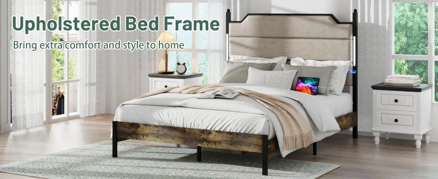 Queen Size Bed Frame With Upholstered Headboard Bed Frame With Charging Station And LED Lights, Wood Slats Brown My Store