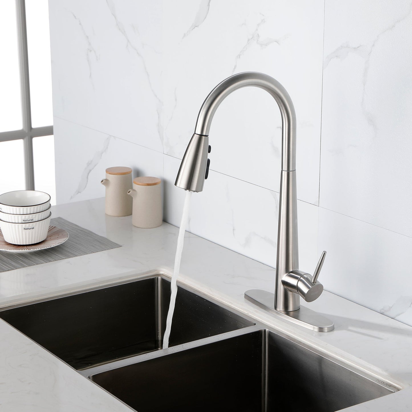 High Curvature Single Handle Kitchen Sink Faucet With Deck Modern- Stainless Steel Ohberri