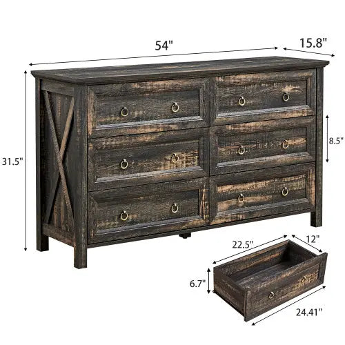 Fiberboard Farmhouse 6-Drawer Bedroom Dresser Inkedjoy