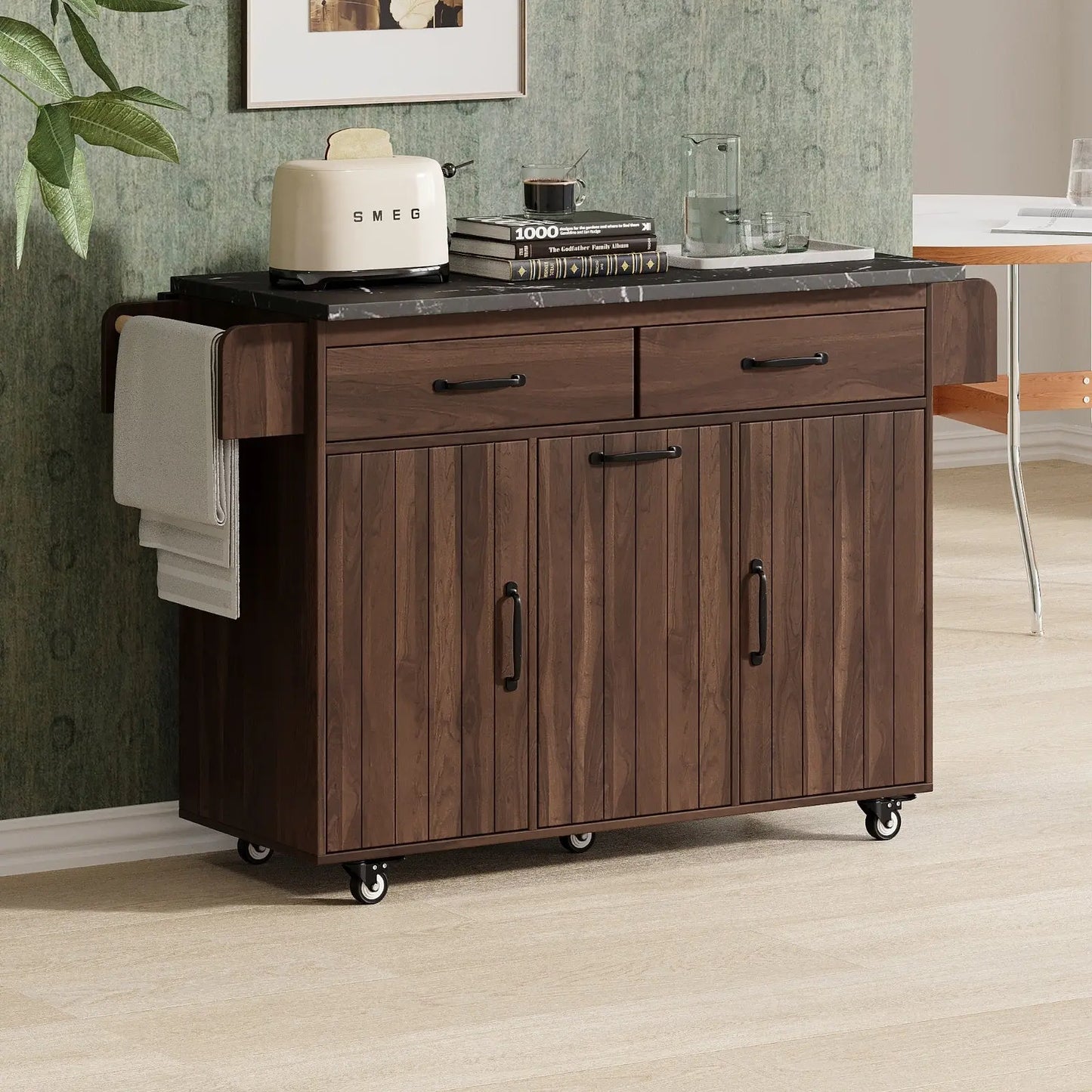 K&K Kitchen Island With Trash Can Storage Cabinet, Kitchen Cart With Drop Leaf, Spice Rack, Towel Ra My Store