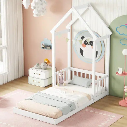 Twin House-shaped Roof Headboard Floor Bed,,without Slats,White My Store