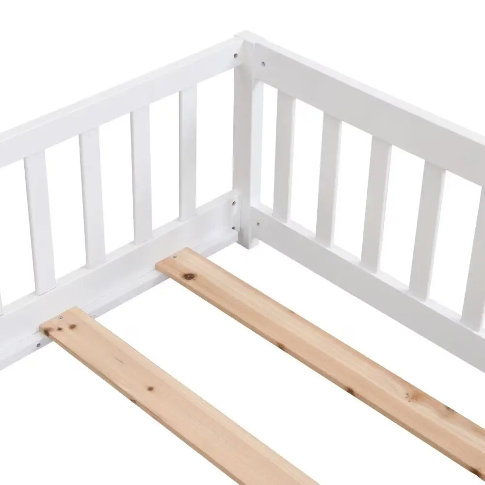 Twin Size Floor Bed With Door,Solid Wood Platform Bed Frame With Fence,Suitable For Children,Pine Wood, My Store