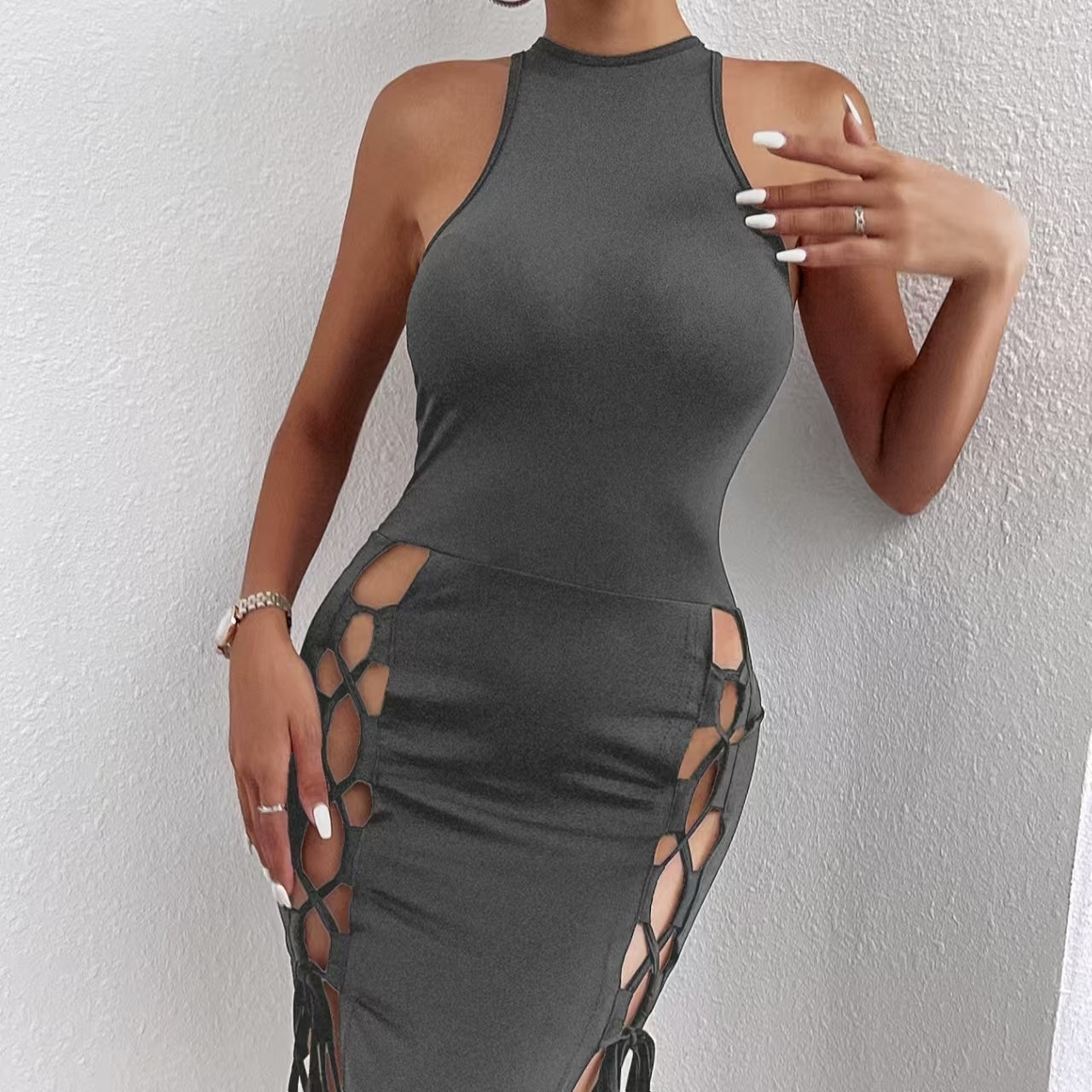 Women's Solid Color Sleeveless Skirt With Slit And Cross Tie, Sexy Tight Fitting Hip Hugging Dress, Short Skirt Inkedjoy
