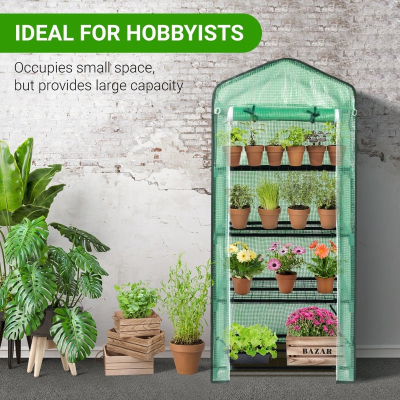 69x49x160cm PE Fabric Flower Room, Black Iron Pipe Pointed Mini Strip, 4-layer Grid Flower Rack With Zipper Roll Door Inkedjoy