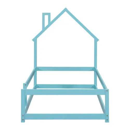 Twin Size Wood Bed With House-shaped Headboard Floor Bed With Fences,Light Blue My Store