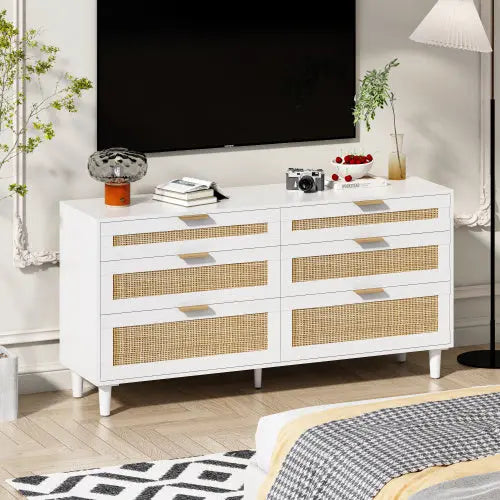 Rattan Dresser With 6 Drawers -White My Store