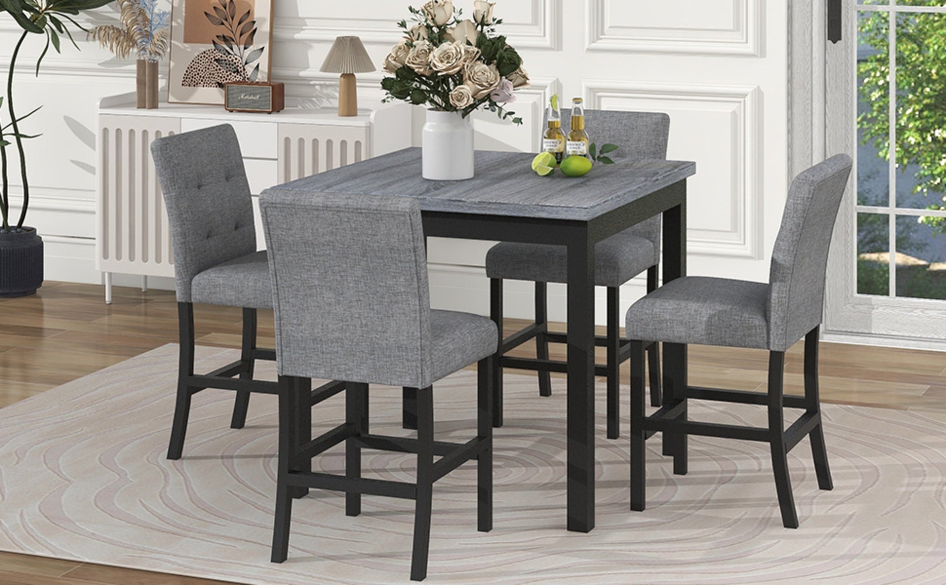 5-Piece Counter Height Dining Set, Wood Table  Chairs Stools W Footrest Inkedjoy