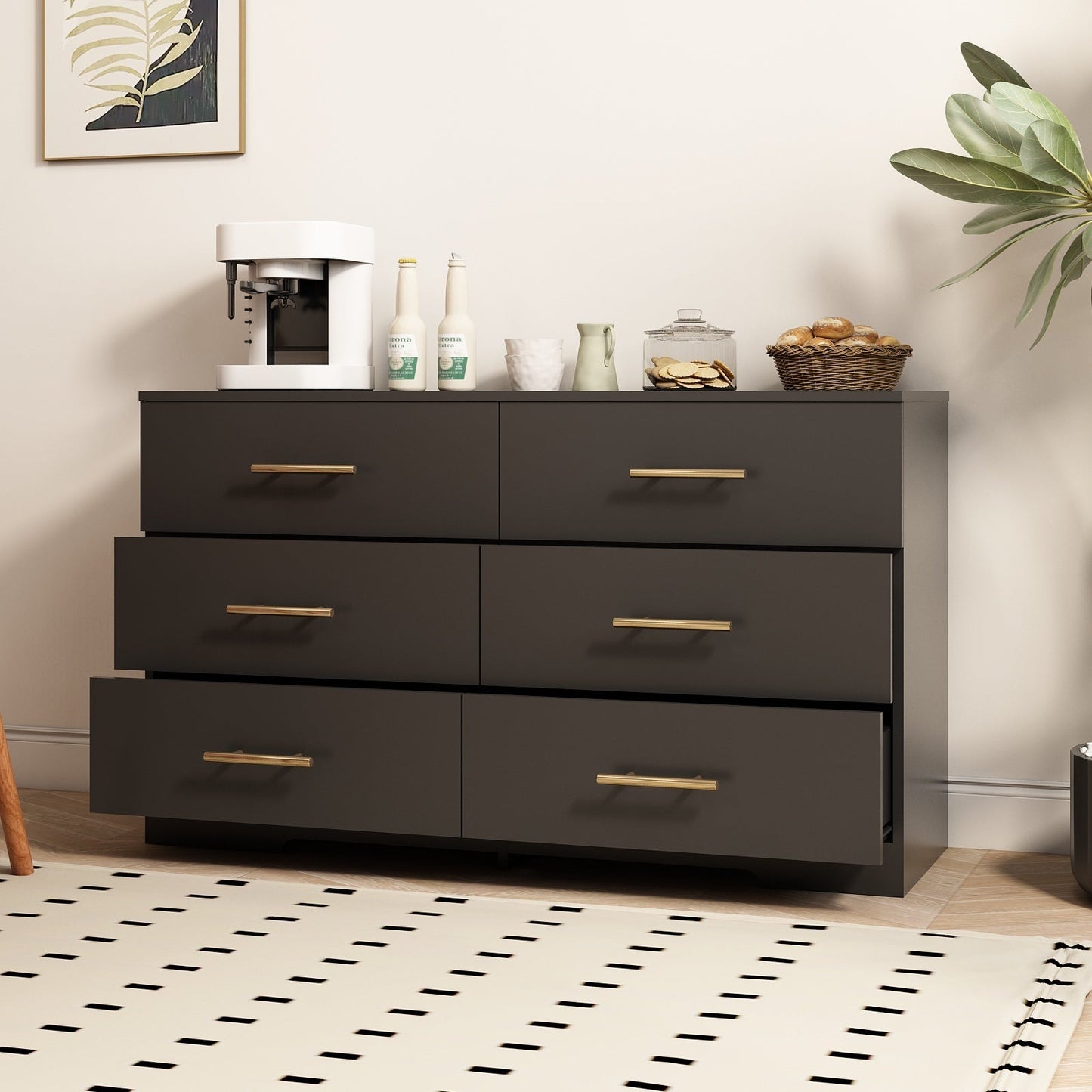 Black Color Large 6 Drawers Chest Of Drawer Dressers With Golden Handle Inkedjoy