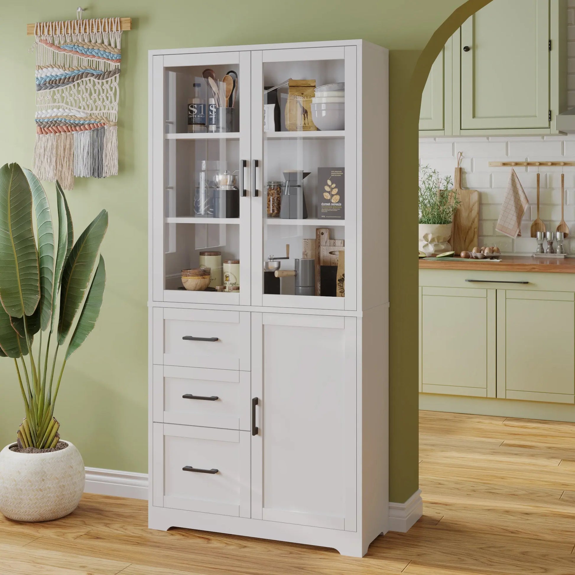 3 Doors, 3 Draws, 5 Layers, 78x38.5x170cm, Display Cabinet , Storage Cabinets White My Store