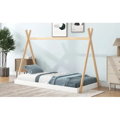 Twin Size Tent Floor Bed With Triangle Structure, White Natural My Store