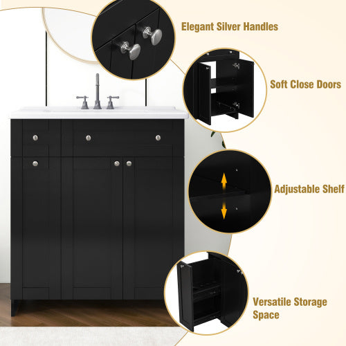 Vanity With Ceramic Sink Combo, Rich Storage Cabinet - 2 Drawers -Black My Store