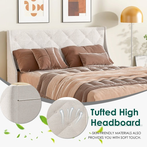 Queen Size Bed Frame With Storage Headboard, Metal Platform Bed My Store