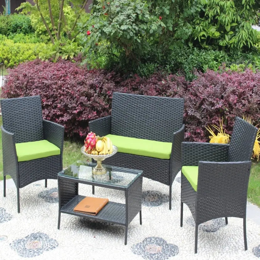 4PC Rattan Patio Furniture Set Outdoor Wicker Sofa W  Green Cushions My Store