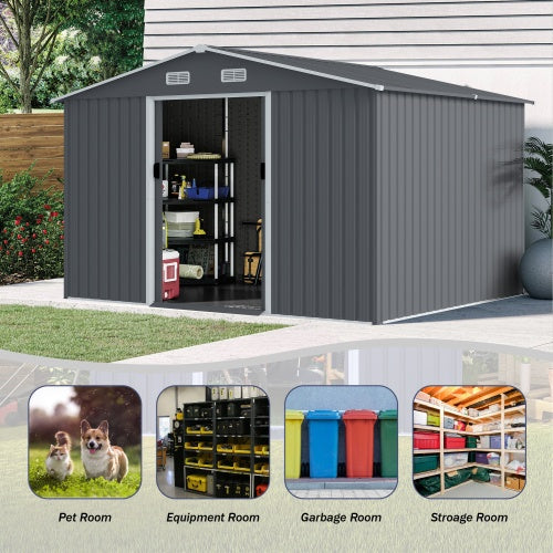 Outdoor Storage Shed 8 X 10 FT Large Metal Tool Sheds Heavy Duty Storage Grey My Store