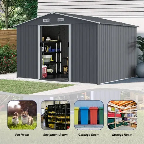 Outdoor Storage Shed 8 X 10 FT Large Metal Tool Sheds  Heavy Duty Storage Grey My Store