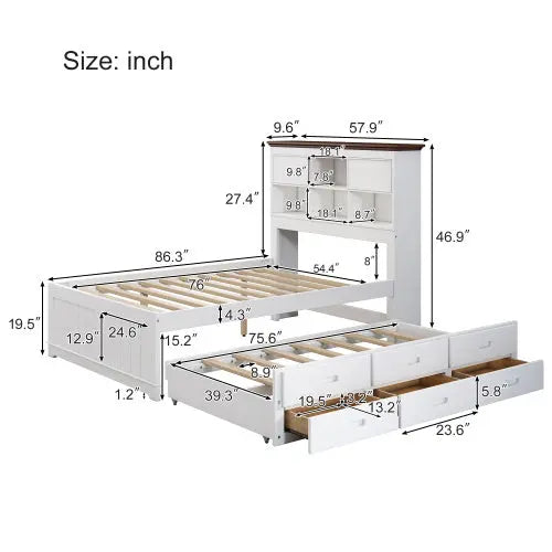 Solid Pine Captain Bookcase Bed With Trundle Bed And 3 Spacious Under Bed Drawers In Casual,Full, White Walnut My Store