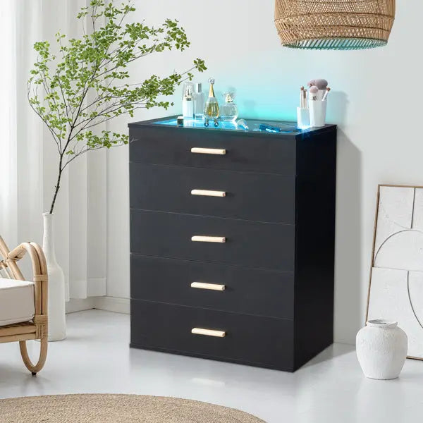 5-drawer Cabinet With Light Tempered Glass Cabinet And Bedside Table My Store