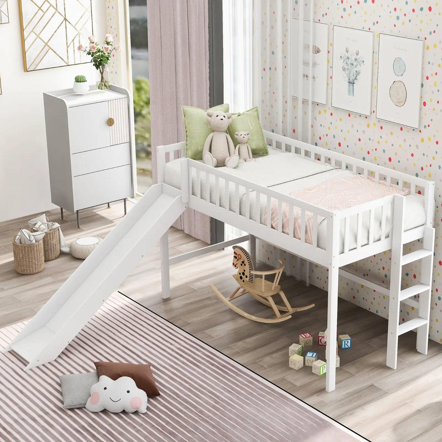 Twin Size Low Loft Bed With Ladder And Slide,White My Store