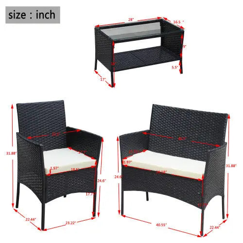 4 PC Rattan Patio Furniture Set Outdoor Patio Cushioned Seat Wicker Sofa Beige Cushion My Store