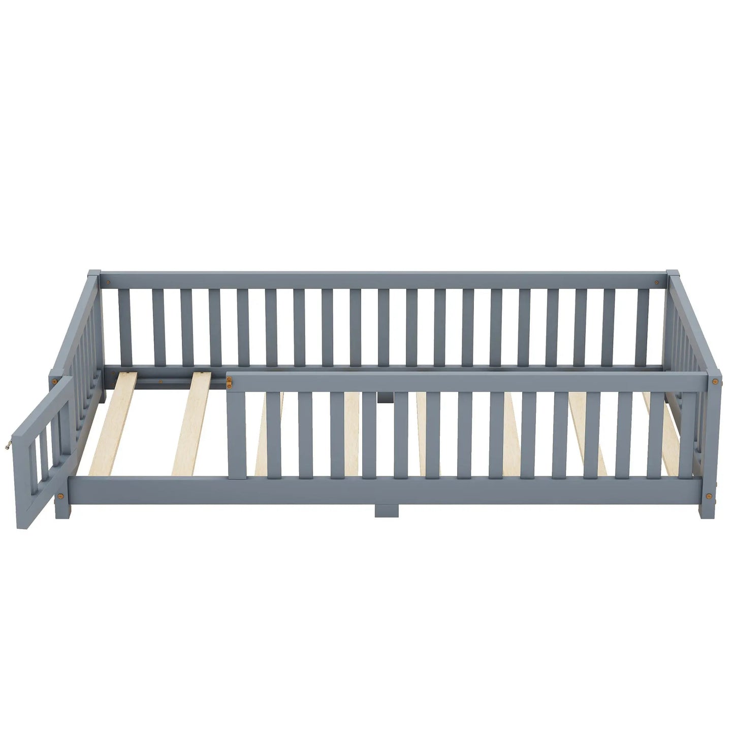Twin Size Bed Floor Bed With Safety Guardrails And Door For Kids, Gray My Store