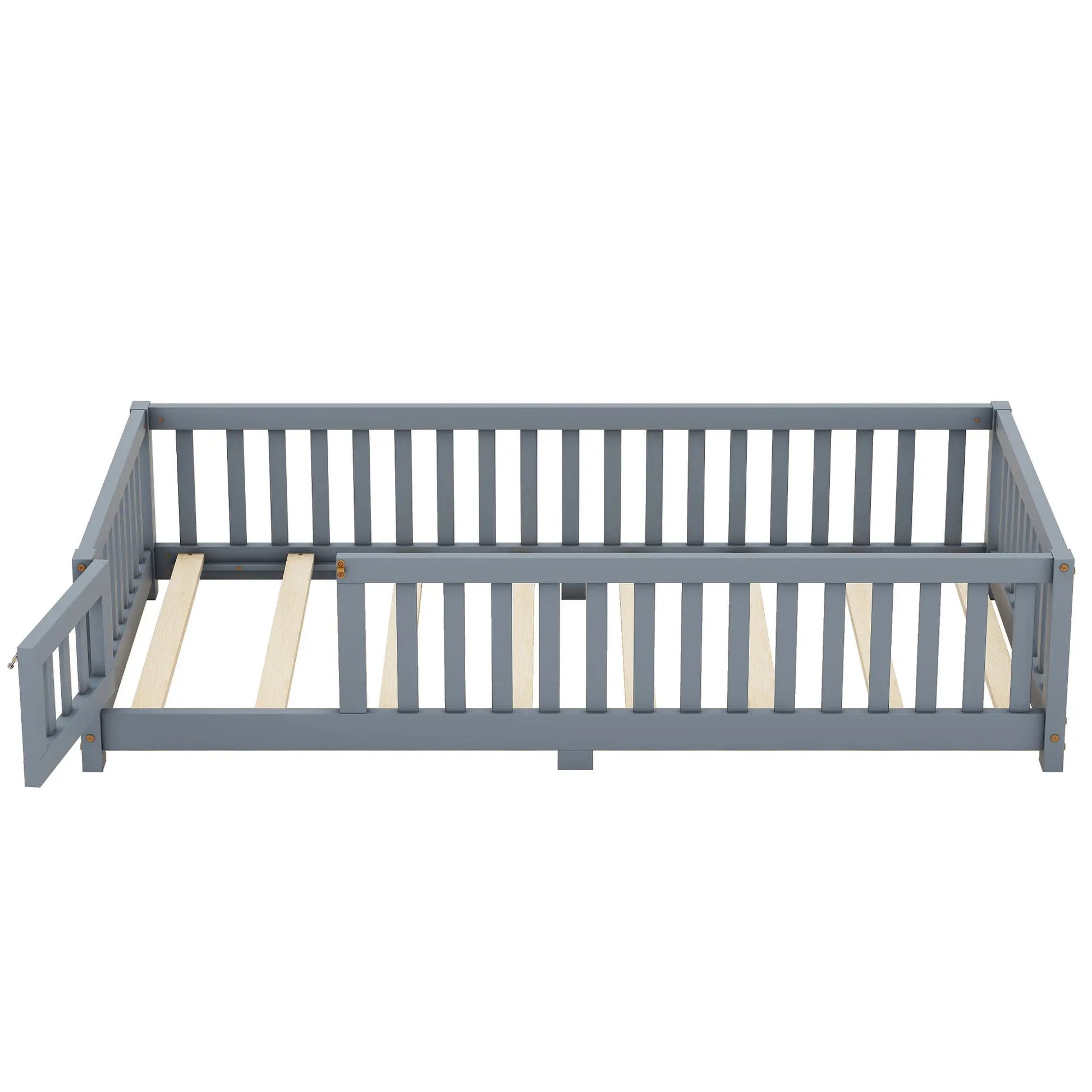 Twin Size Bed Floor Bed With Safety Guardrails And Door For Kids, Gray My Store